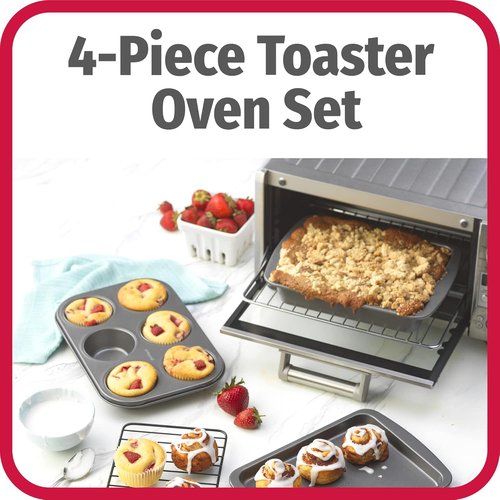 GoodCook 4-Piece Nonstick Steel Toaster Oven Set - Includes Sheet Pan, Rack, Cake Pan & Muffin Pan, Gray