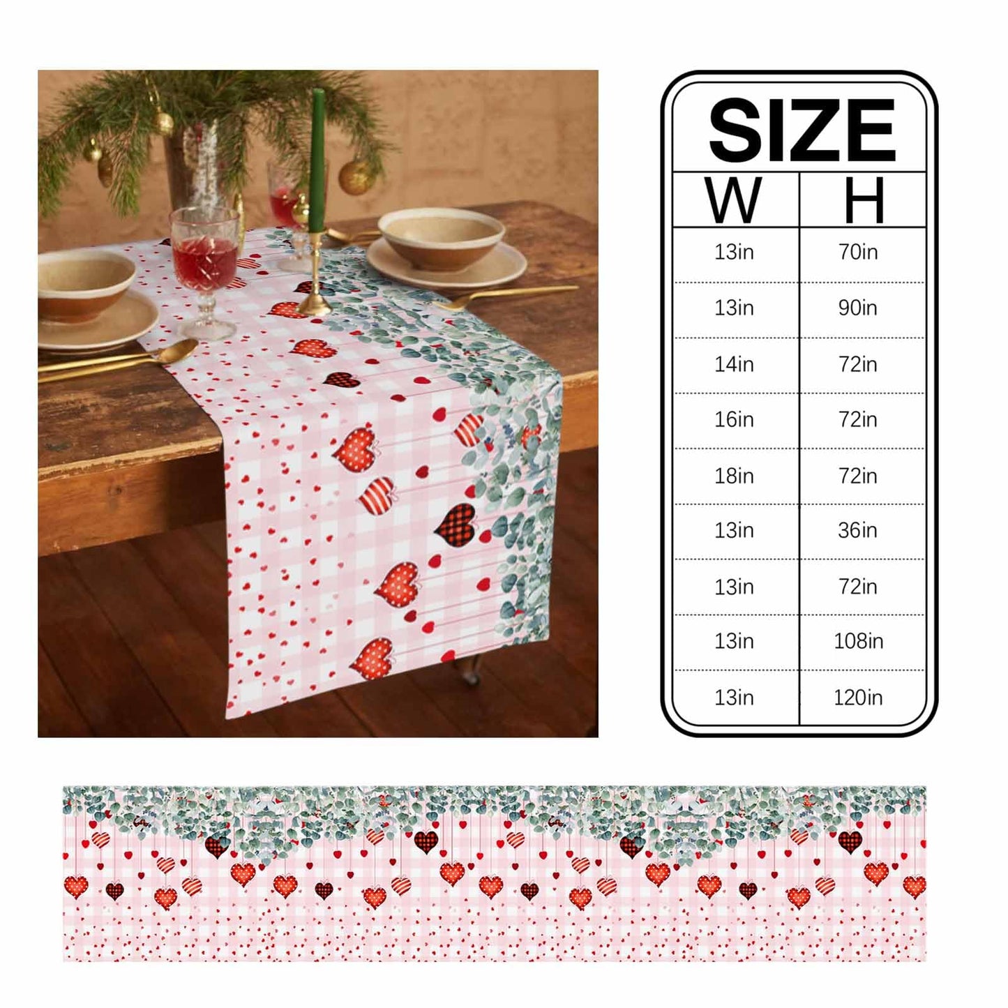 Eucalyptus Love Hearts Valentine's Day Table Runner, Pink Buffalo Plaid Cotton Linen Tablecloth Spring Farmhouse Table Decorations for Home,Kitchen,Dining Room,Indoor,Outdoor,13X108 Inches Extra Long