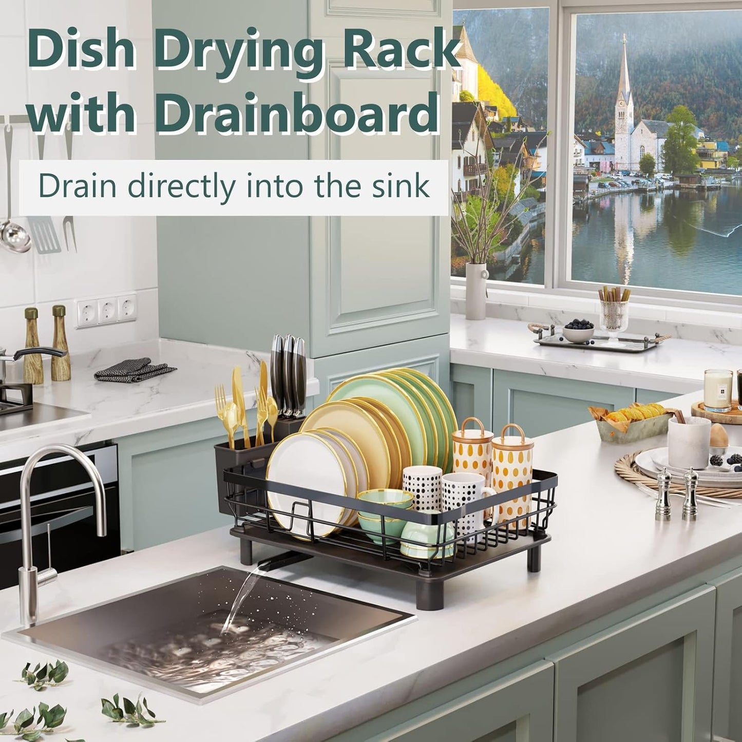 Skiennix Iron Dish Drying Rack - Extendable Kitchen Counter Drainer with Utensil Holder & Knife Slots, Black