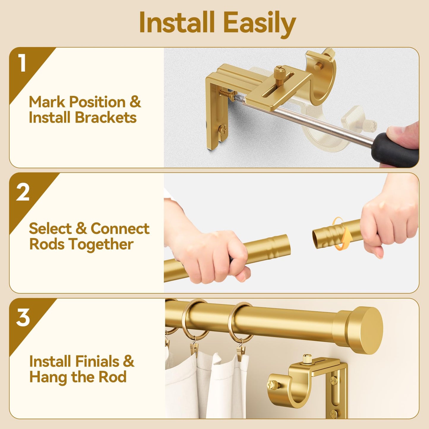 YaFex Curtain Rods 2 Pack 32-144 Inch, Heavy Duty 1 Inch Curtain Rod, Gold Extra Long Adjustable Window Treatment Rods, Modern Design, Easy Installation