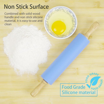 Skiennix Silicone Rolling Pin - Non-Stick Dough Roller with Wooden Handle | Perfect for Baking