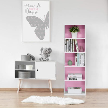Furinno LUDER Book Shelf, 5-Tier Bookshelf, Bookcase with Open Shelves, 9.4 x 15.8 x 52, Easy Assembly, for Living Room, Bedroom, Home Office, White/Pink