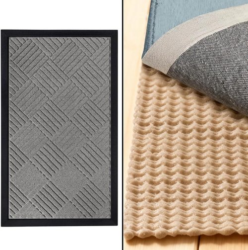 GORILLA GRIP WEATHERMAX Door Mat - Durable Gray Rug Gripper | 17x29 Inches, Beige Bundle