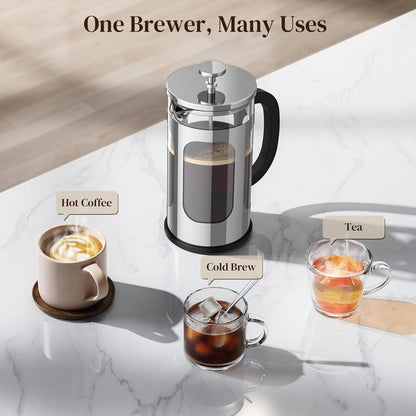 Veken French Press Coffee Maker - 34oz Heat Resistant Borosilicate Glass | Stainless Steel Brewer for Home & Travel