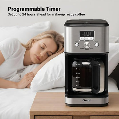 Gevi 14-Cup Programmable Coffee Maker - Drip Machine with Normal & Strong Brew | Silver Glass Carafe