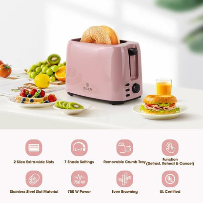 iSiLER 2-Slice Toaster - 1.3-Inch Wide Slot Bagel Toaster with 7 Shade Settings & Removable Crumb Tray | Pink