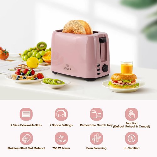 iSiLER 2-Slice Toaster - 1.3-Inch Wide Slot Bagel Toaster with 7 Shade Settings | Pink Finish, Removable Crumb Tray