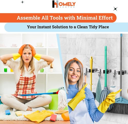 Homely Center Mop and Broom Holder Wall Mount - Heavy-Duty Organizer for Garage & Kitchen | 3 Racks & 4 Hooks
