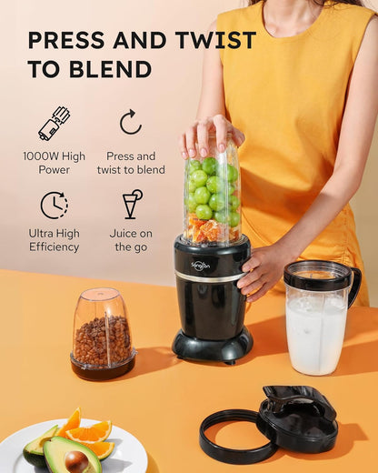 Sangcon 1000W Smoothie Blender - Portable Kitchen Blender with 3 Cups & Multiple Caps for Shakes & Frozen Drinks
