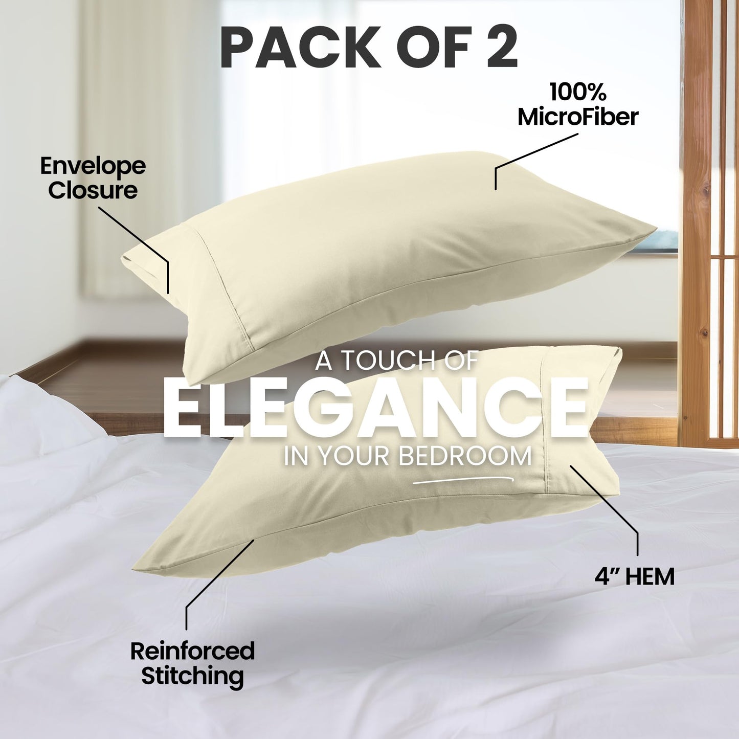 Utopia Bedding Pillow Cases King Size 2-Pack – Soft Brushed Microfiber – Envelope Closure – Perfect for Hospitals, Hotels, Guest Rooms – Oeko-TEX Certified, 20x40 Inches (Ivory)