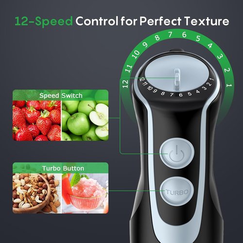 FRESKO Immersion Blender - 4-in-1 Handheld Electric Mixer with 12 Speeds & Turbo Mode | 500W Stainless Steel