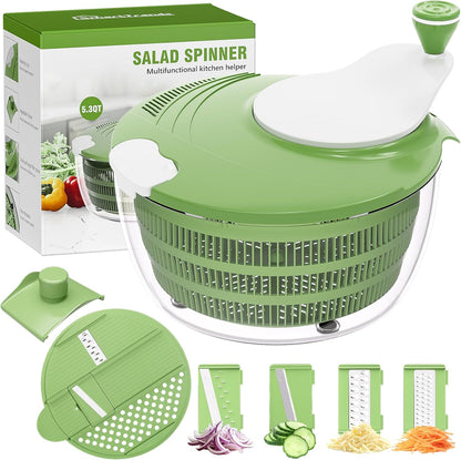 Salad Spinner - Skiennix 5.3 QT Lettuce Spinner with Strainer & 4 Replaceable Blades | Green