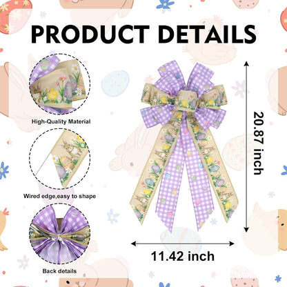 Purple Gingham Easter Bunny Wreath Bow - 21 Inch Large Wired Ribbon for Front Door & Spring Decor