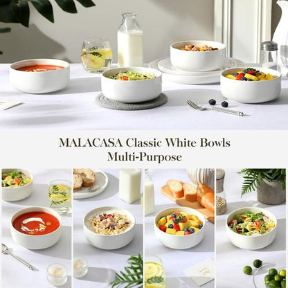 MALACASA 24 OZ Ceramic Cereal Bowls - Set of 4 Dishwasher & Microwave Safe | White LUNA Series