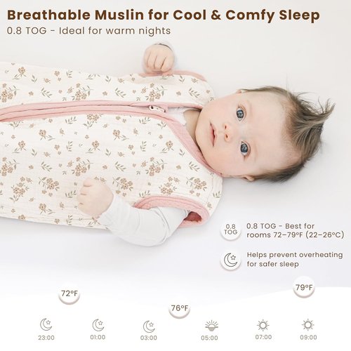 Konssy Muslin Baby Sleep Sack - 100% Cotton Wearable Blanket for 6-12 Months | 2-Pack, 0.8 TOG, Pink Blossom