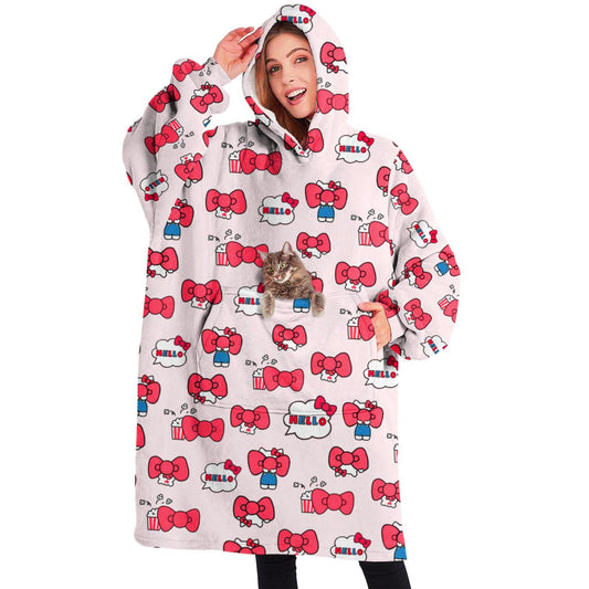 Cute Cat Wearable Oversized Blanket, Sherpa Blanket Hoodie with Super Pockets, Super Warm Fuzzy Pullover for Adults