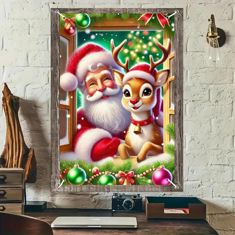 Christmas Window Cover 31x47 Inch Polyester Backdrop Banner with Santa & Rudolph