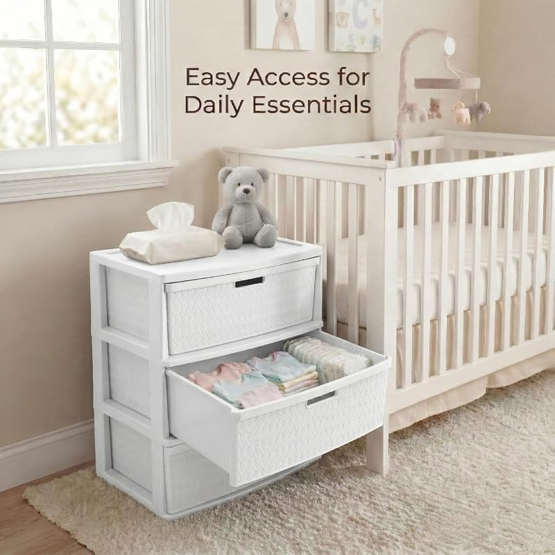 2 Pack Wide 3-Drawer Storage Tower with Removable Bins — White Cross-Weave Organizer (Variation: White)