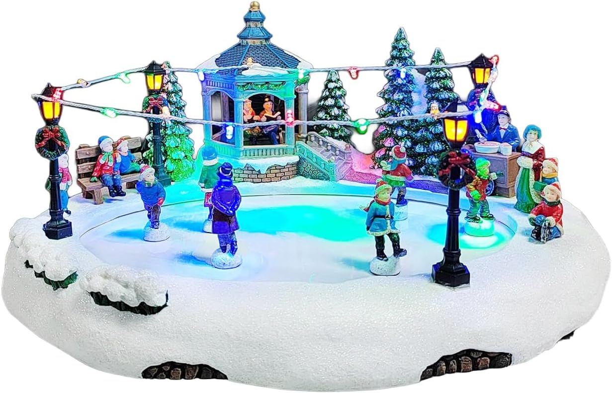 Moments In Time Animated Skating Pond | 7.28” LED Christmas Village Display with Moving Skaters & Music