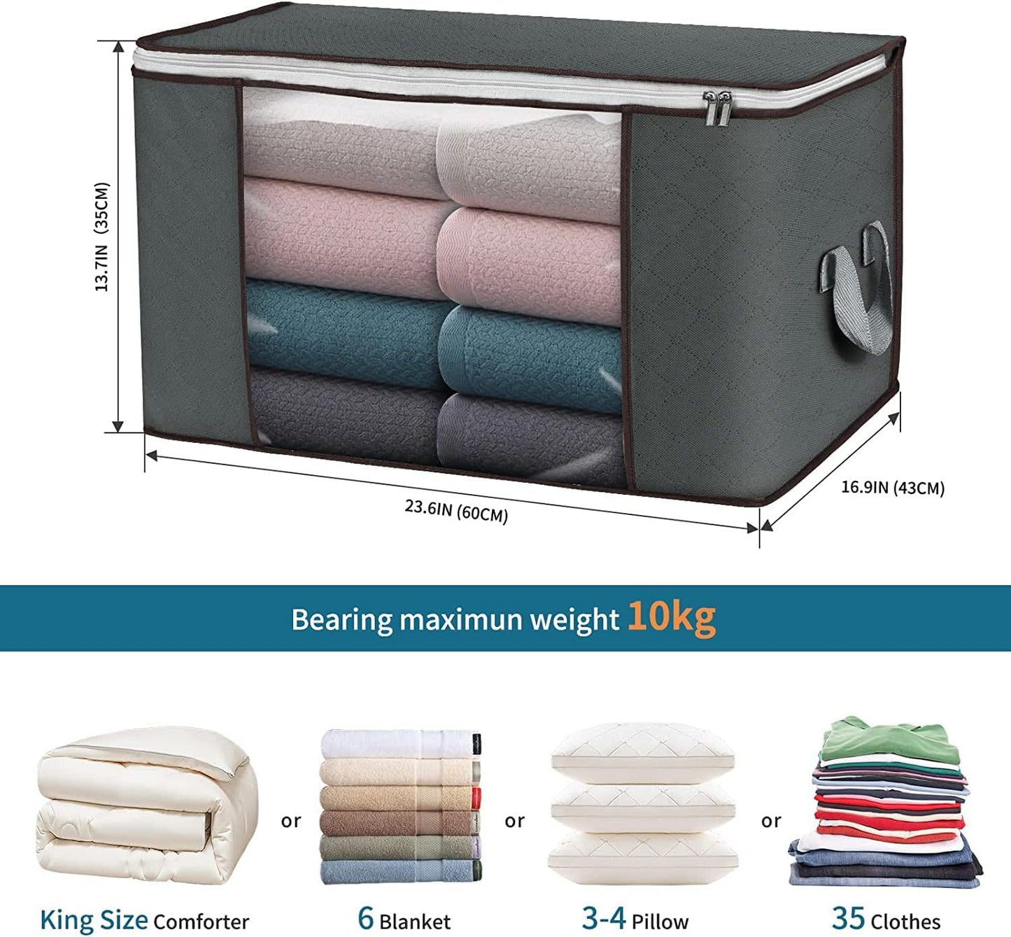 Skiennix Large Storage Bags - 8 Pack Foldable Closet Organizers with Durable Handles | 90L Gray Fabric