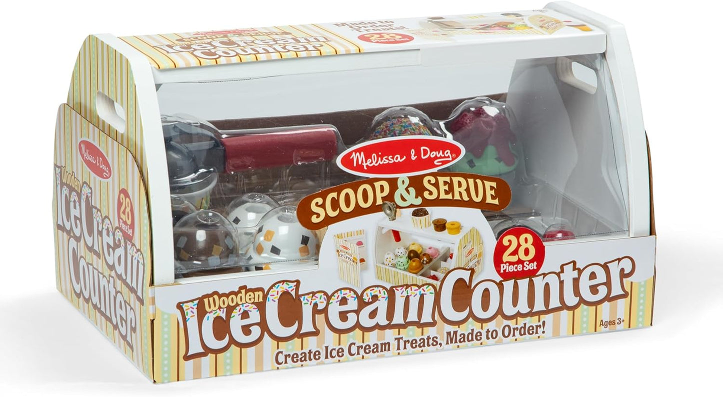 Melissa & Doug Wooden Ice Cream Counter - Pretend Play Store with 28 Accessories for Kids 3+
