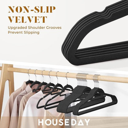 HOUSE DAY Velvet Hangers - 60 Pack Non-Slip Premium Slim Clothes Hangers | 360° Swivel Hook in Elegant Black