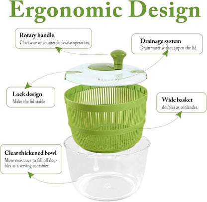 Large Salad Spinner - 5 Qt Capacity | Manual Vegetable Dryer with Double-Lock Handle