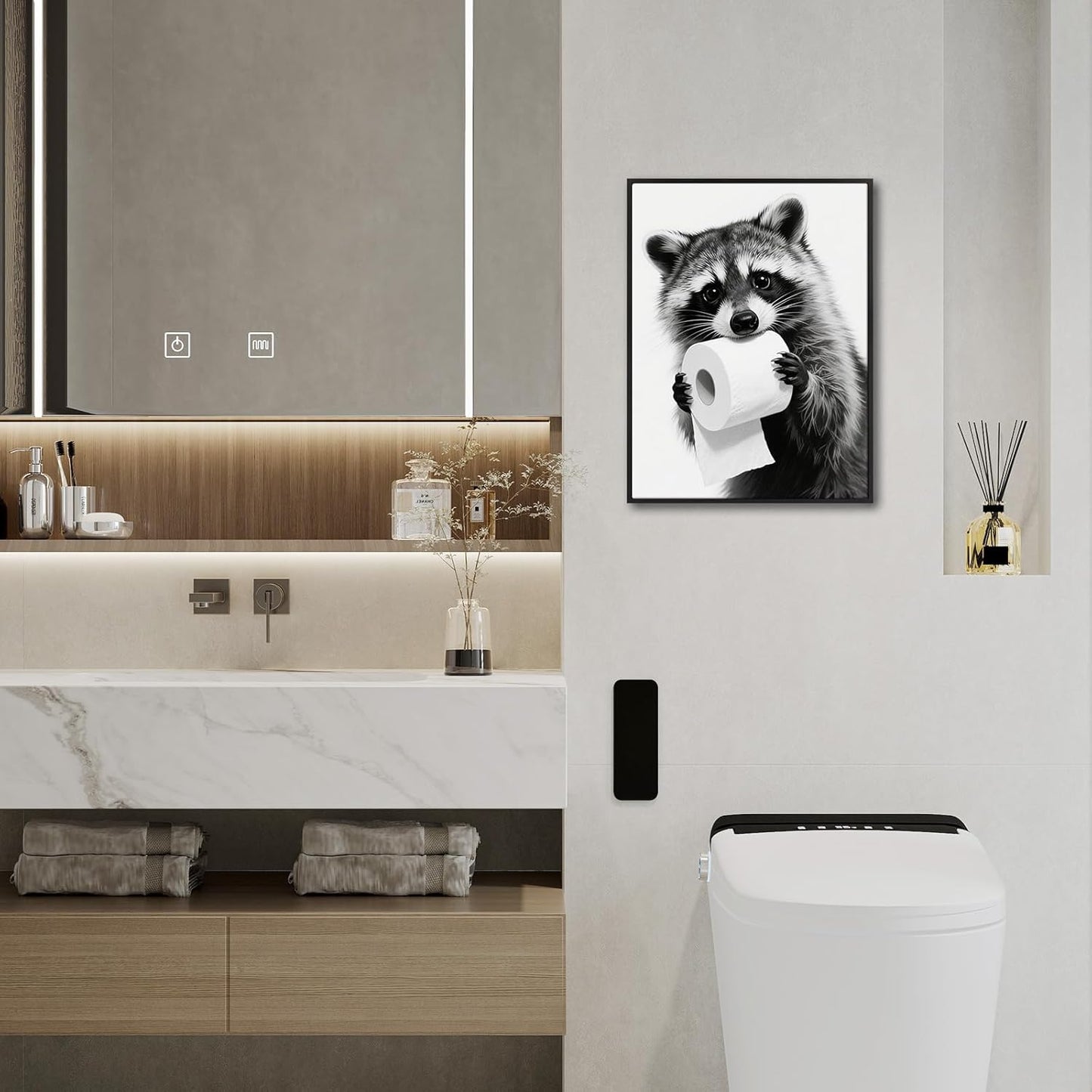 Pinetree Art Cute Raccoon Wall Decor - Framed Black and White Bathroom Art for Guest Restrooms
