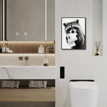 Pinetree Art Cute Raccoon Wall Decor - Framed Black and White Bathroom Art for Guest Restrooms