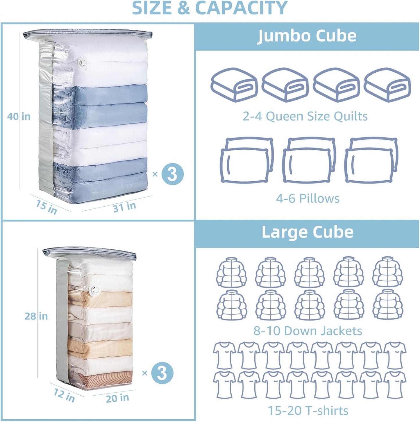 Skiennix Vacuum Storage Bags - 6 Pack Cube Combo (3 Jumbo + 3 Medium) for Clothing & Bedding Organization