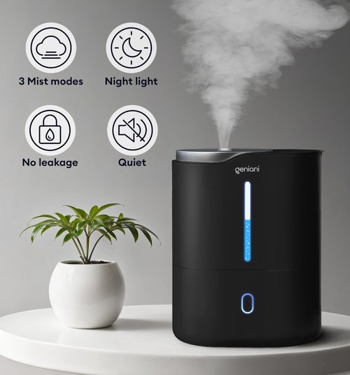GENIANI Ultrasonic Cool Mist Humidifier for Bedroom, Large Rooms, Home, 4L - Easy Fill & Clean Humidifier for Plants w/Auto Shut-off, 40H Runtime - Quiet, Top Fill Air Humidifier & Vaporizer for Baby