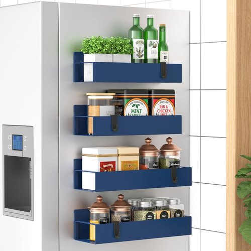 HuggieGems Magnetic Spice Storage Rack - 4 Pack Royal Blue Organizer for Refrigerator & Oven