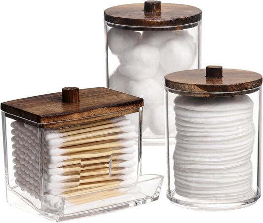 Tbestmax Cotton Swab Holder - 10 OZ Apothecary Jar Organizer with Brown Wood Lid for Bathroom Storage