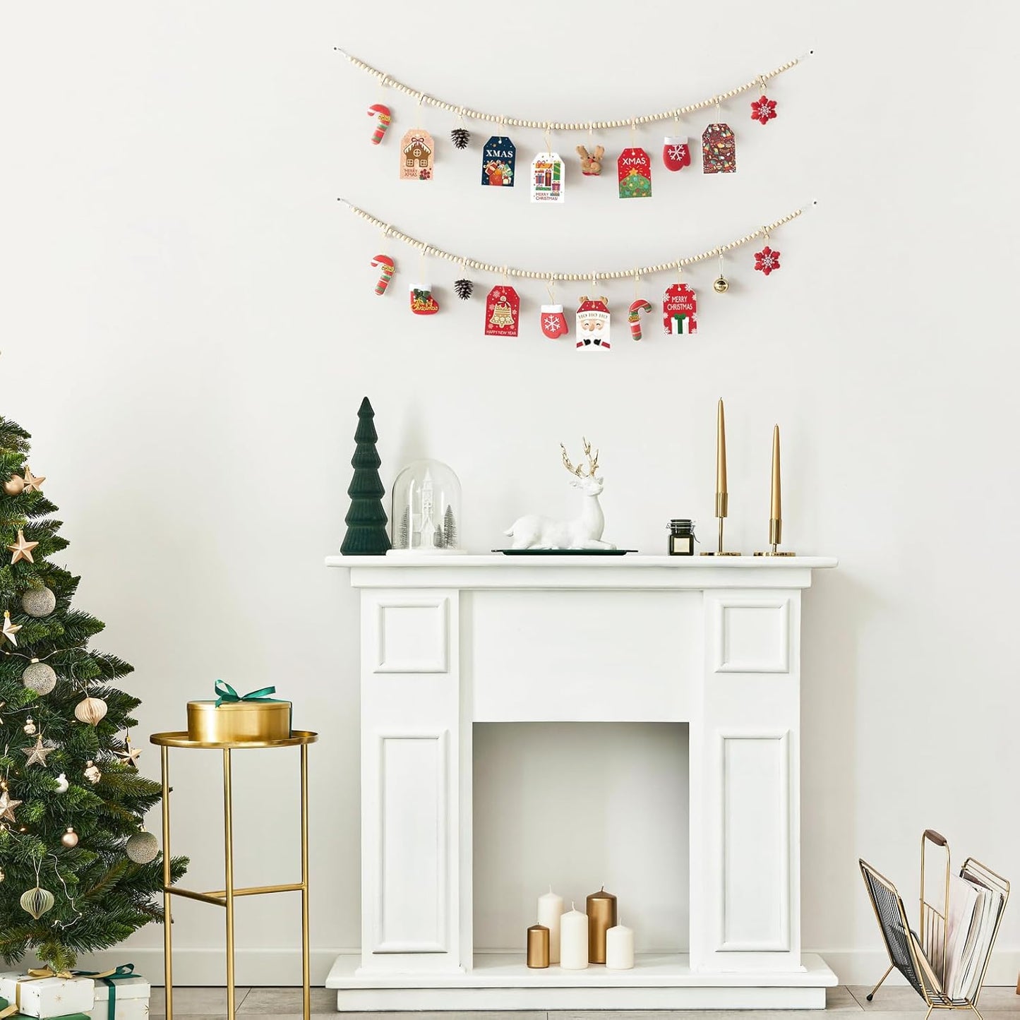 Mkono Hanging Photo Display - Boho Wooden Bead Garland with 10 Clips | Brown, 2 Pack - Perfect for Bedroom Decor