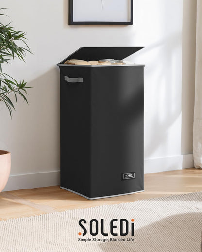 SOLEDI Laundry Hamper - 100L Black Collapsible Basket with Lid & Removable Bag for Clothes Storage