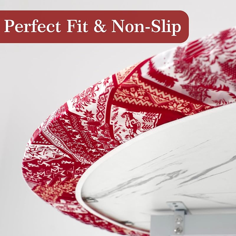 Elastic Round Tablecloth - 36-44 Inch Fit, 44"/54" Diameter, Water-Resistant Fitted Table Cover (Red Xmas Elements+44)