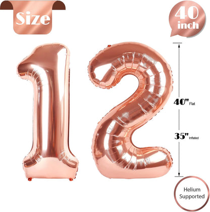 Rose Gold Number 12 Balloon - 40 Inch 12th Birthday Decorations for Girls & Boys