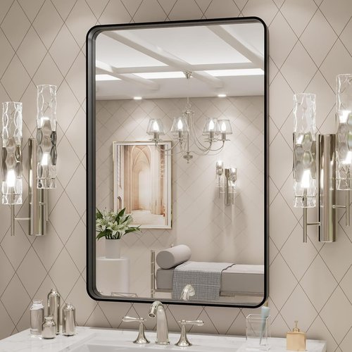 LOAAO Black Metal Framed Bathroom Mirror - Large Rounded Rectangle, Anti-Rust, 20x30 Inch | Hangs Horizontally or Vertically