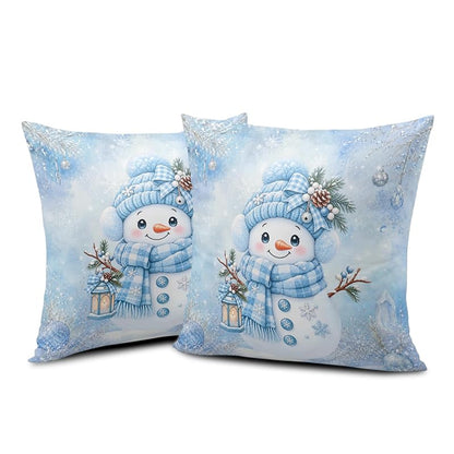 Blue Snowman Pillow Covers 18x18 Pack of 2 – Winter Snowflake Decorative Pillowcase