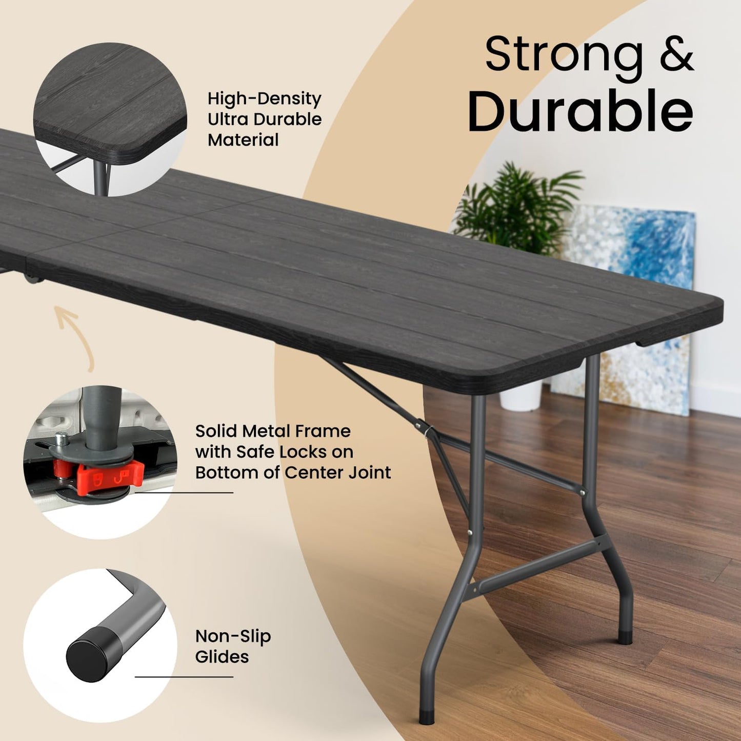 Modern Space 8 Feet Foldable Table - Heavy Duty Portable Design with Built-In Handle | Ideal for Events, Picnics, and More
