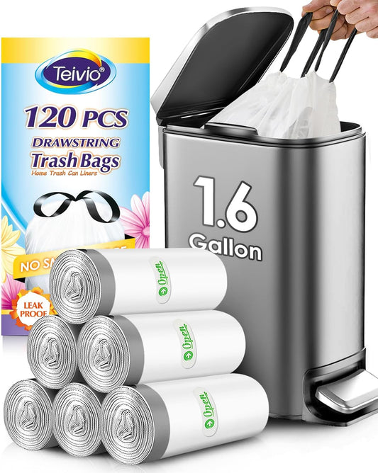 Teivio 1.6 Gallon Strong Drawstring Trash Bags - 120 Count White Liners for Home & Office