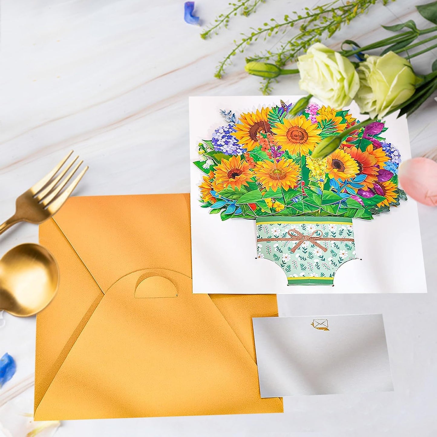 ROBBEAR 3D Sunflower Bouquet Pop-Up Card - Handmade Greeting Card for Birthdays, Anniversaries & More