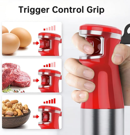 Skiennix Immersion Blender - 1100W Handheld Stick Blender Set with Variable Speed, Chopper, Whisk & Frother - Christmas Red