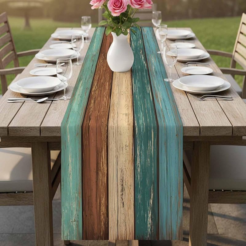 Teal Cotton Linen Table Runner 13x90 Inch - Rustic Burlap Dresser Scarf, Non-Slip Home Decor (Green/Blue/Brown) - Farmhouse Wedding Table Setting