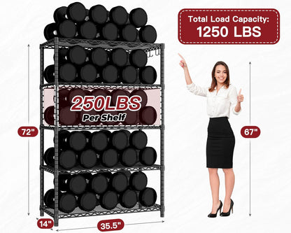 PrimeZone Wire Metal Storage Shelves - Heavy Duty 5-Tier Adjustable Organizer Rack | NSF-Certified Steel, 35.5" W x 14" D x 72" H, Black