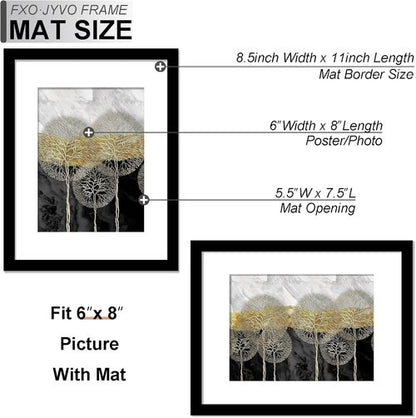 Fxojyvo Picture Frame - Lightweight 8.5x11" Display for Photos 6x8" with Mat or 8.5x11" Without Mat | Black