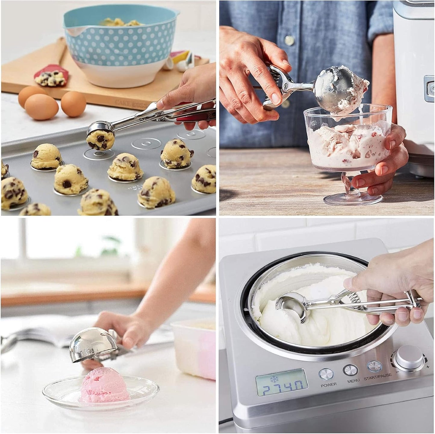 Skiennix Ice Cream Scoop Set - 3Pcs Stainless Steel Cookie Scoopers with Trigger Release | Large, Medium, Small