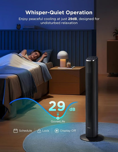 GoveeLife Black Tower Fan for Bedroom, 36" Smart Floor Fan with App/Voice Control, Temperature Sensor, 5 Modes 8 Speeds(25ft/s), 29dB Quiet Oscillating Fan for Office, 24H Timer, Auto Cooling