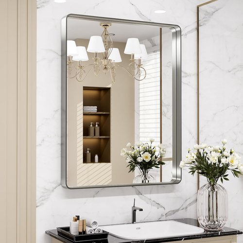 LOAAO Brushed Nickel Bathroom Mirror - Rounded Rectangle Design, Anti-Rust & Shatterproof, 24x30 Inch