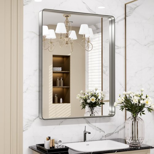 LOAAO 32X36 Inch Brushed Nickel Bathroom Mirror, Rounded Rectangle Silver Metal Frame Mirror, Brushed Nickel, Anti-Rust, Hangs Horizontally or Vertically